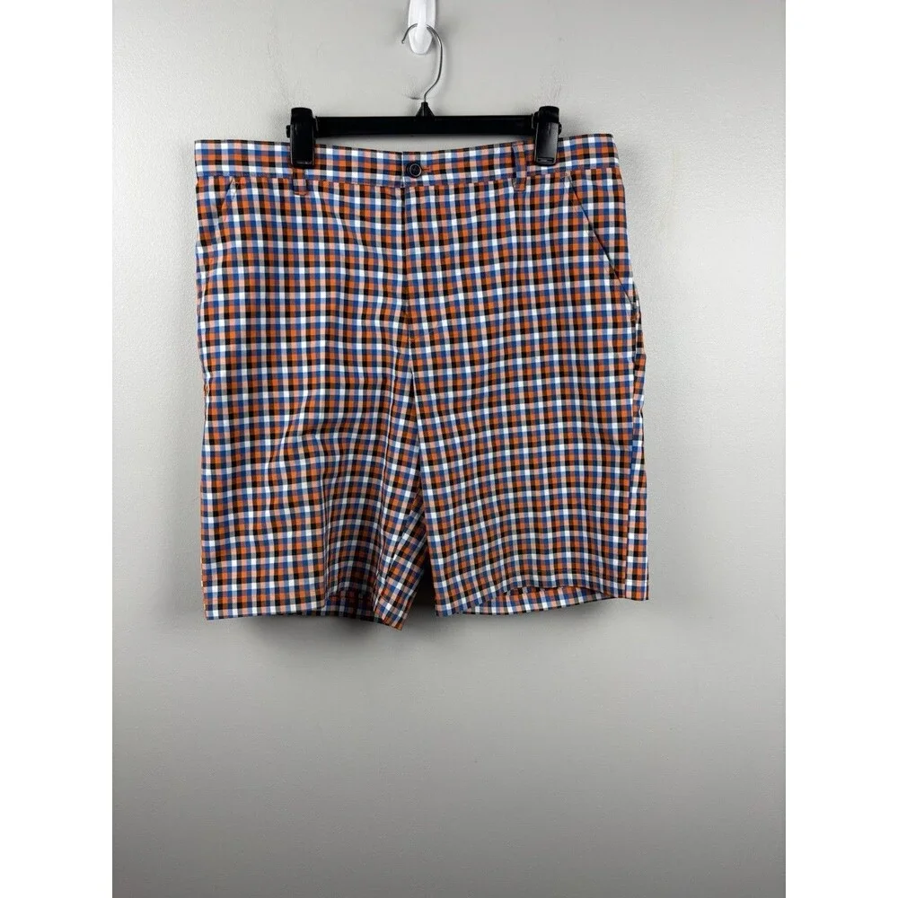 Izod Golf Plaid Shorts Mens Performance Size 36 White Blue Orange Checkered EUC